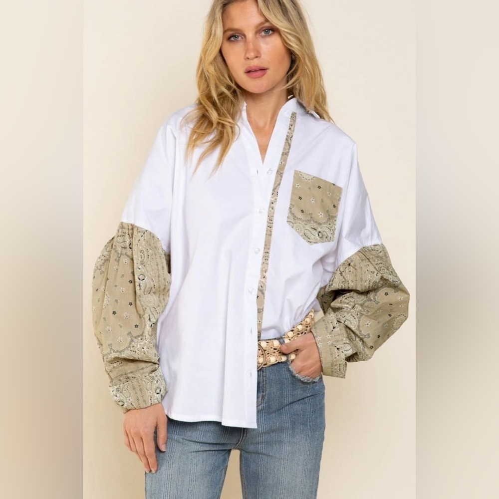 POL Bandana button down shirt top patchwork puff long sleeves western rodeo top